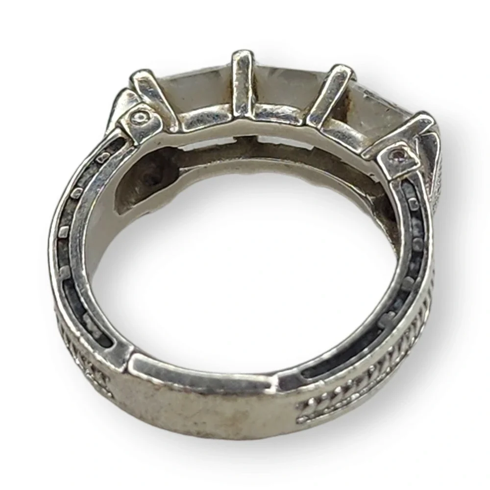 Vintage Ring Sterling‎ Silver 925 Clear Cubic Zirconia Three Stone Cocktail SZ 6